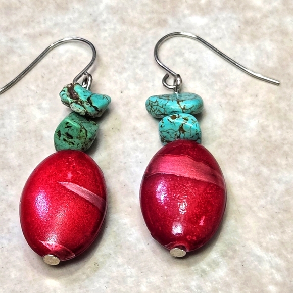 Vintage Red Bead and Turquoise Dangle Earrings Inclued Extra 925 Silver Hooks - Picture 1 of 17